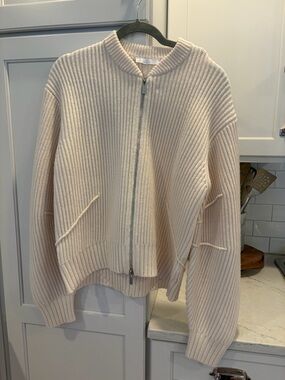 Helmut Lang Cream Ribbed Wool Zip Sweater